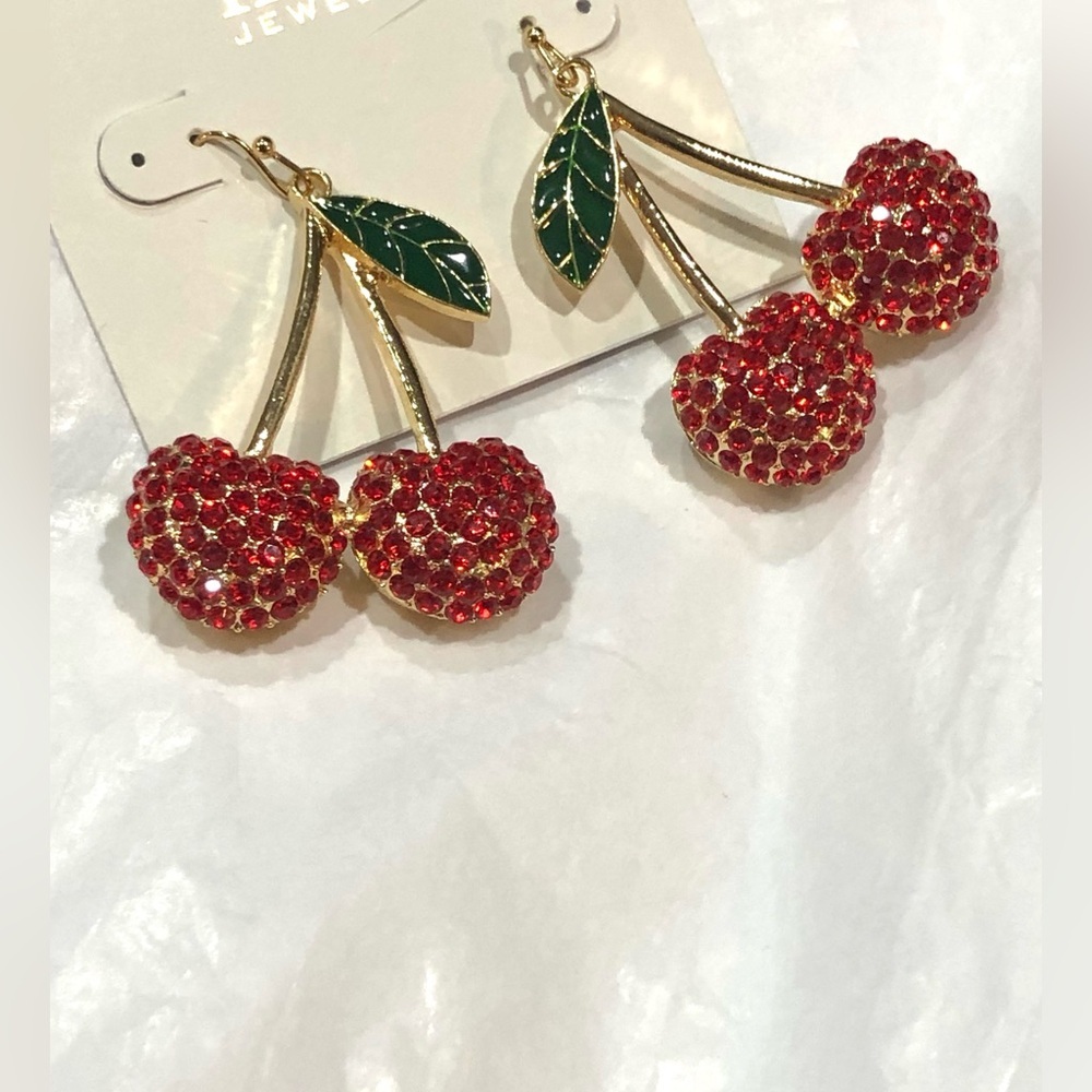 Gold tone ruby red gemstone cherry on stem dangling earrings new